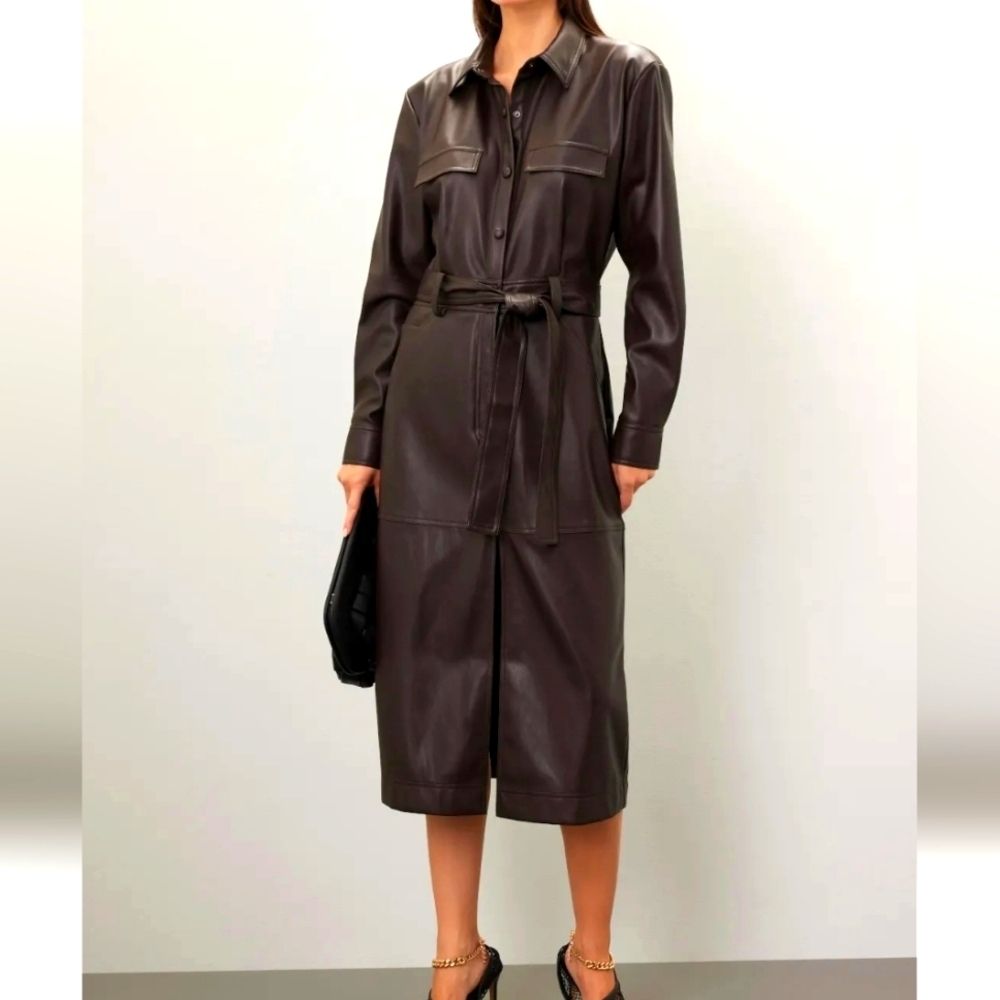 Osman Yousefzada Collective Faux Brown Leather Belted Midi Dress Size 0